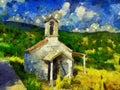 Small Greek Mountain Village Church, Oil Painting Style