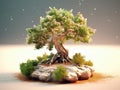 Small, green bonsai tree on top of rock or stone. It is placed in center of scene and stands out against its Royalty Free Stock Photo