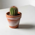 Small green cactus with red spines, placed in a terracotta pot with a whitewashed texture. The pot Royalty Free Stock Photo