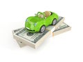 Small green car and dollar packs.