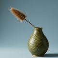 A small green ceramic vase with a textured, swirling pattern holds a single stem of dry Royalty Free Stock Photo