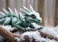 A small green dragon covered in snow and frost. Generative AI