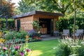 Small green fenced back yard with garden and shed. Gardening tools shed. Generative AI Royalty Free Stock Photo