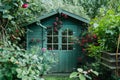 Small green fenced back yard with garden and shed. Gardening tools shed. Generative AI Royalty Free Stock Photo