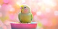 Small green parrot is sitting in a pink and green bowl Royalty Free Stock Photo