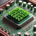 Small green plant growing out of an electric micro chip