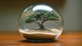 A small green plant grows inside a transparent glass sphere, symbolizing the delicate balance of a tiny world Royalty Free Stock Photo