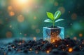 Small green plant sprouts from glowing digital tech cube in dark soil. Innovation, sustainability concept. Data storage grows Royalty Free Stock Photo