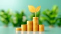A small green plant with two leaves rises from a stack of golden coins, representing the concept of growth in wealth Royalty Free Stock Photo