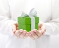 Small green present box in hands Royalty Free Stock Photo