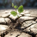 small green sprout makes its way through dry cracked soil. lack of water, drought