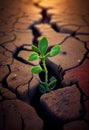 A small green sprout of wheat breaks through the dry earth towards the sun. AI generated Royalty Free Stock Photo