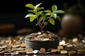 A small green tree grows from coins. The concept of saving accumulation and multiplication of savings. Royalty Free Stock Photo