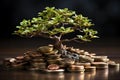 A small green tree grows from coins. The concept of saving accumulation and multiplication of savings. Royalty Free Stock Photo