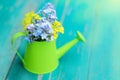 A small green watering can with a mini bouquet of wild flowers.