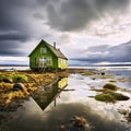 Small green wooden house is reflected in the water on the shore of a quiet large lake, made with generative ai Royalty Free Stock Photo