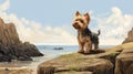Nostalgic Yorkshire Terrier Puppy Illustration On Rocky Beach