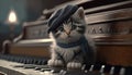 Small grey and white kitten in knitted hat and scarf sitting on keys of brown wooden piano. AI generative Royalty Free Stock Photo