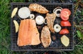 Small Grill, Barbecue, Bbq with Smoke, Mini Barbecue with Grilled Meat and Vegetables Royalty Free Stock Photo