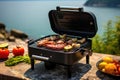 Small Grill, Barbecue, Bbq with Smoke, Mini Barbecue with Grilled Meat and Vegetables Royalty Free Stock Photo