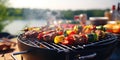 Small Grill, Barbecue, Bbq with Smoke, Mini Barbecue with Grilled Meat and Vegetables Royalty Free Stock Photo