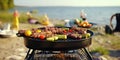 Small Grill, Barbecue, Bbq with Smoke, Mini Barbecue with Grilled Meat and Vegetables Royalty Free Stock Photo