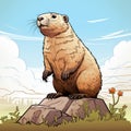 Brown Groundhog Sitting On Rock - Graphic Novel Inspired Vector Art