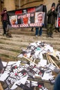 Small group of angry anti government anarchists stage a protest at Portland Place, London.