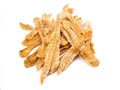 A small group of dehydrated chicken jerky for dog treats on a white background.