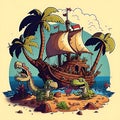 small group of dinosaurs on a pirate ship near an island shipwrecked cartoon