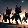 A small group of fierce black protection dogs in action on urban debris. AI generated