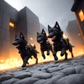 A small group of fierce black SWAT dogs in combat on city ruins. AI generated