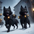 A small group of fierce black SWAT dogs in combat on city ruins. AI generated