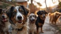 small group of five cute dogs sitting and standing