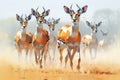 a small group of impalas bounding in unison