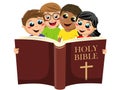 Small group of multicultural kids reading the holy bible book isolated on white