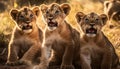 Small group of playful safari animals looking at camera outdoors generated by AI