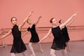 Small group of teenage girls practicing classical ballet in dancing studio