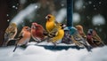 Small group of vibrant finches perching on snowy branch generated by AI