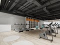 Small gym design with treadmills and exercise bikes in black and white