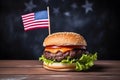 small hamburger with small american flag on it, dark background, US patriotic proud theme, neural network generated