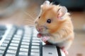 A small hamster sits on a computer keyboard, its paws poised above the keys