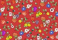 Small Hand Drawn Flowers, Seamless Spring Pattern on Red Background. Royalty Free Stock Photo