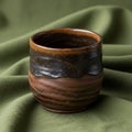 A small, handcrafted ceramic cup with an organic, rustic design features a brown and Royalty Free Stock Photo