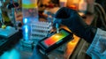 A small handheld device resembling a miniaturized spectrophotometer is being used to yze the chemical makeup of a