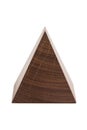 Small handmade decorative wooden pyramid on isolated white background.
