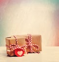 Small handmade gift boxes on pastel background