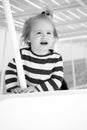 Small happy baby boy on yacht in marine shirt, fashion Royalty Free Stock Photo