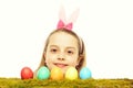 Small happy baby girl with easter eggs isolated on white Royalty Free Stock Photo