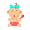 Small Happy Baby Girl Sitting With Toy Shaker In Red Nappy Vector Simple Illustrations With Cute Infant